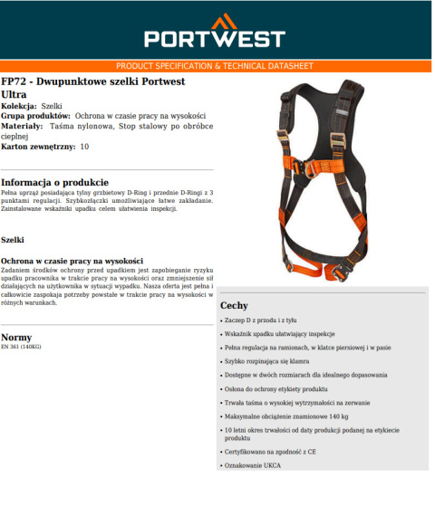 Dwupunktowe szelki Portwest Ultra
