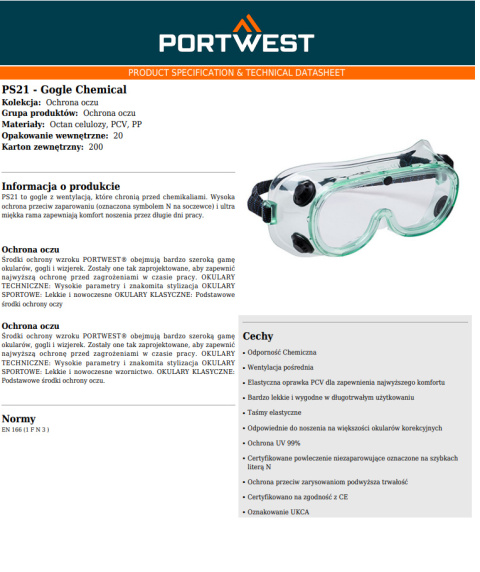 Gogle Ochronne Chemical PS21CLR