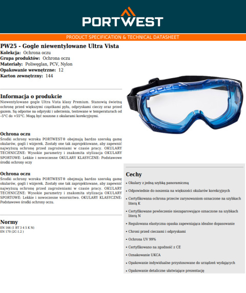 Gogle niewentylowane Ultra Vista PW25CLR
