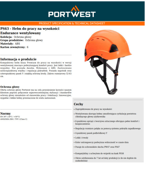 Hełm do pracy na wysokości Endurance wentylowany PS63