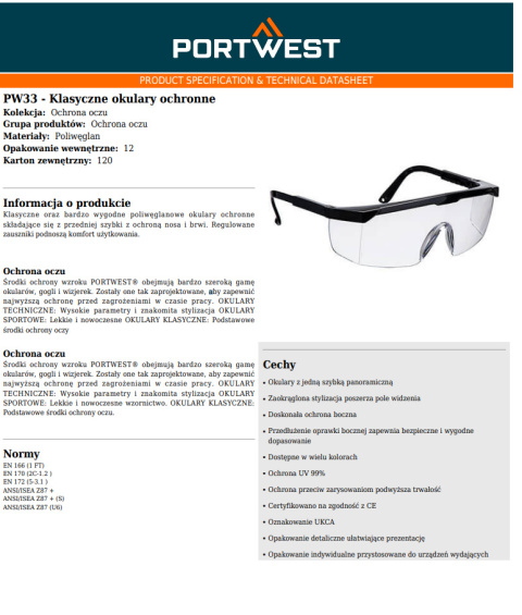 Klasyczne okulary ochronne PW33 Klasyczne okulary ochronne PW33