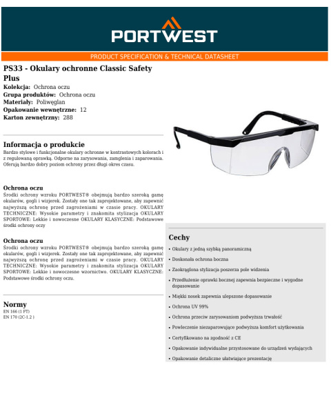 Okulary ochronne Classic Safety Plus PS33CLR