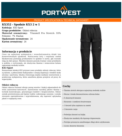 Spodnie ochronne do pasa 2w1 Portwest KX352 BKR (odpinane nogawki)