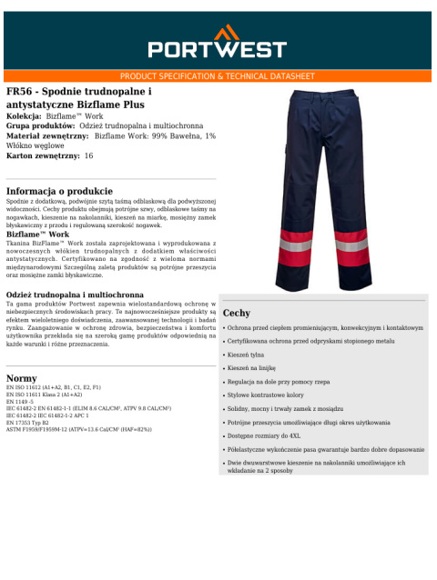 Spodnie trudnopalne i antystatyczne Bizflame Plus FR56